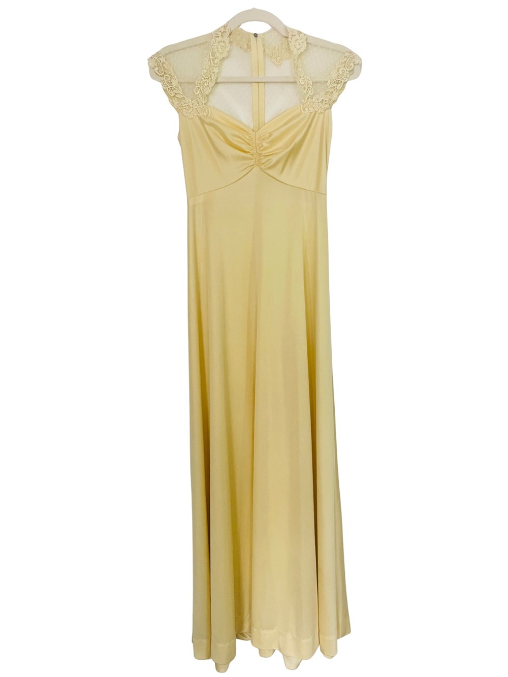 Vintage 1970s Butter Yellow Nylon Lace Maxi Dress